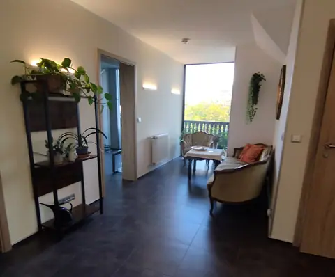 Langer Flur mit Pflanzenregal, am Ende eine Sitzecke vor dem bodentiefen Fenster mit Blick ins Grüne