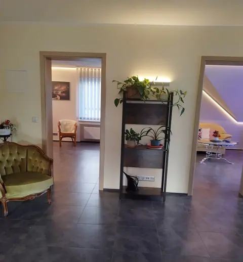 Flur mit grünem Samtsessel und Pflanzenregal, links der Blick in ein Schlafzimmer, rechts ins Wohnzimmer