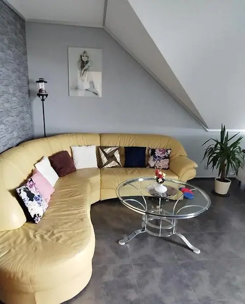 Ecksofa im Wohnzimmer bei Tageslicht, daneben eine Zimmerpflanze